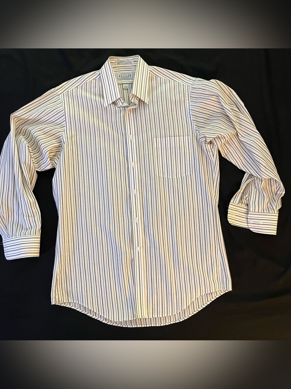 American Edition Mens Dress Shirt 15.5 32/33 Striped Blue Brown Made in USA VTG